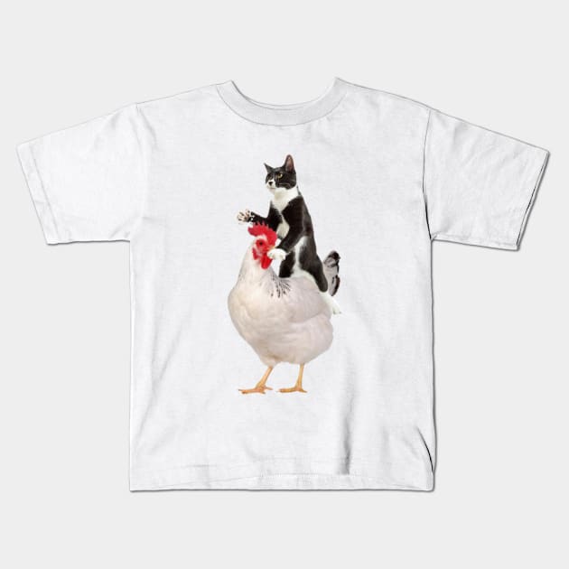 Tuxedo Cat on a Chicken Kids T-Shirt by horse face